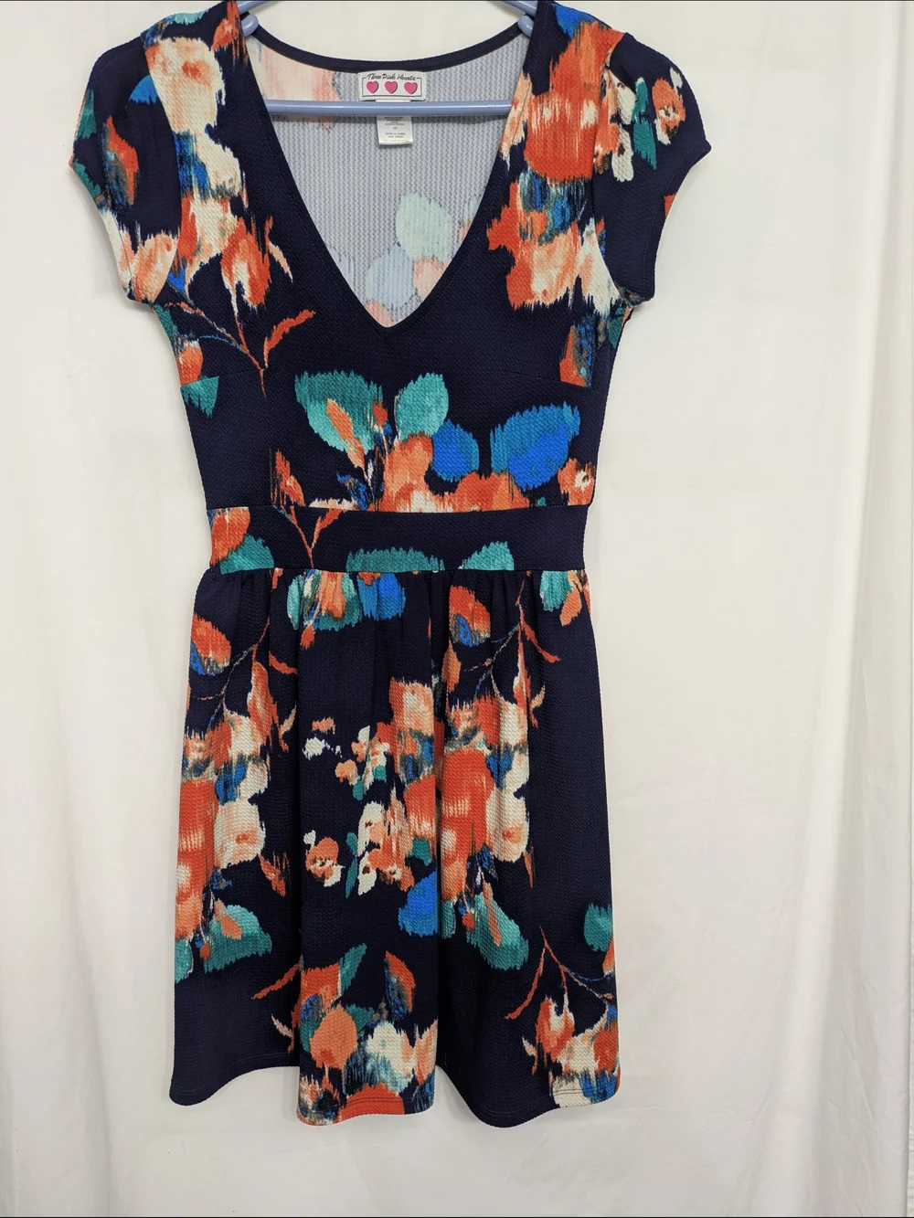 Three Hearts Navy Floral V-Neck Midi Dress with Teal & Coral Accents